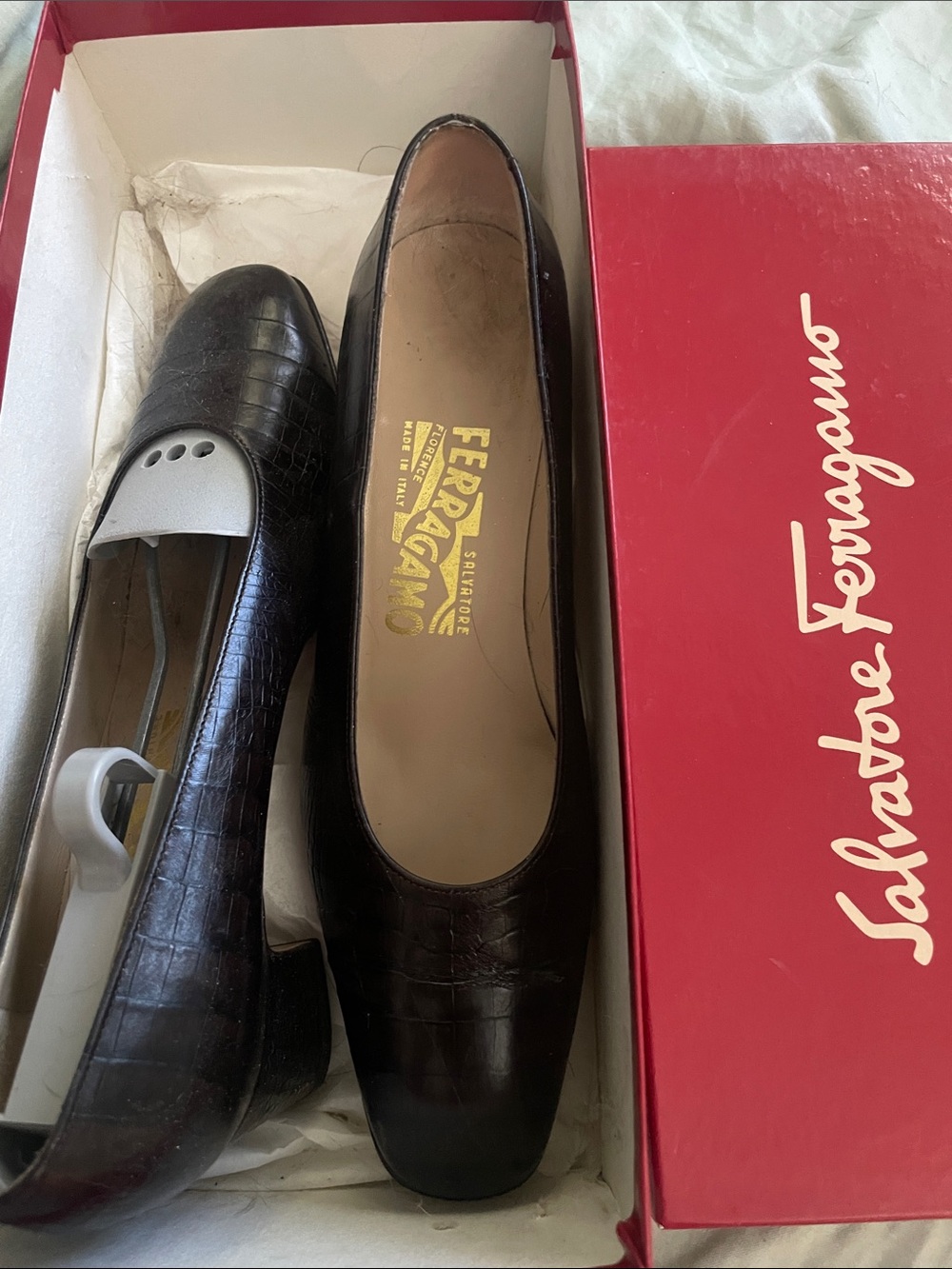 Salvatore Ferragamo Dark Brown Croc-Embossed Leather Flats